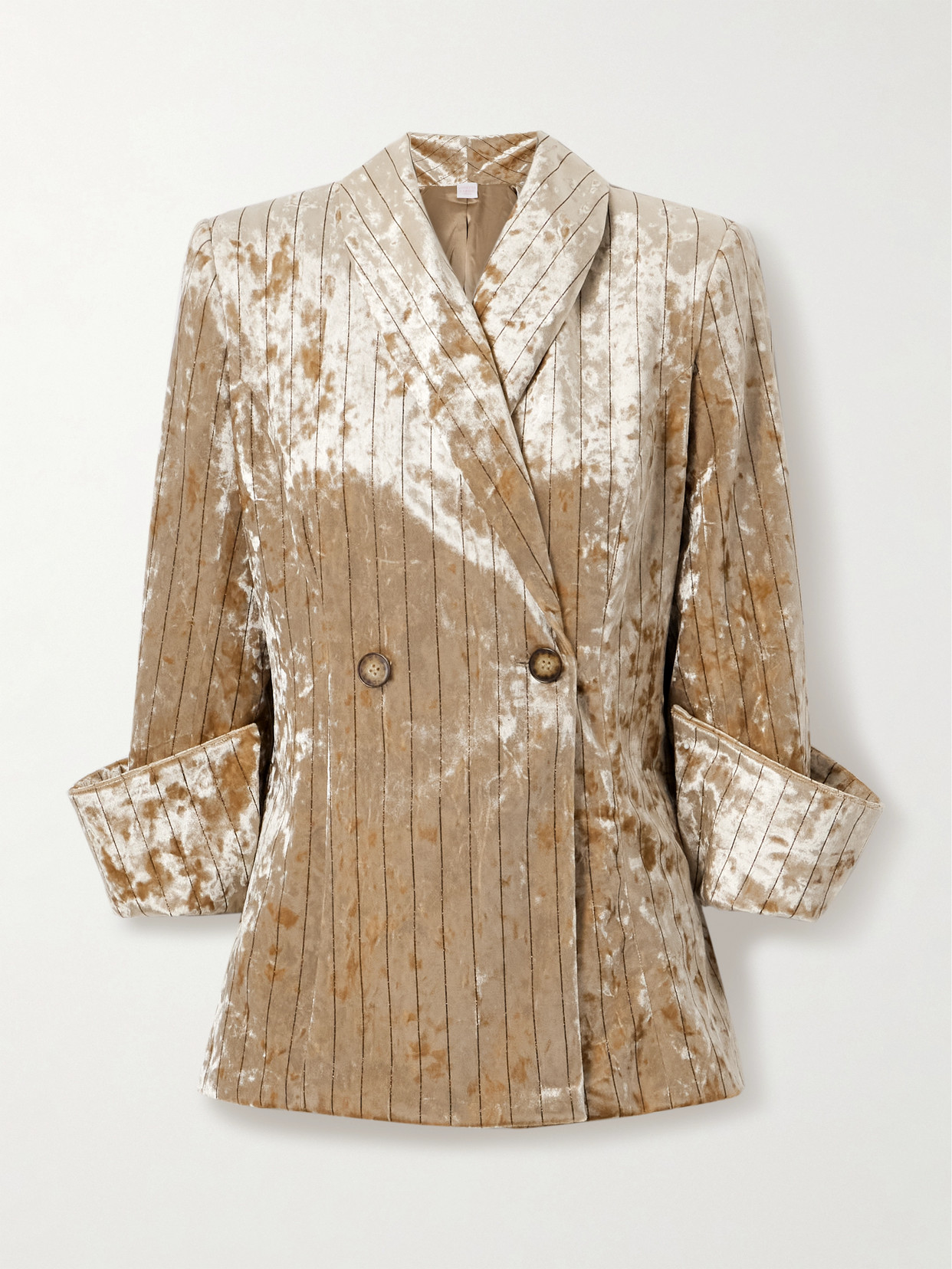 Loretta Caponi Quarzo Double-breasted Pinstriped Crushed-velvet Blazer In Gold
