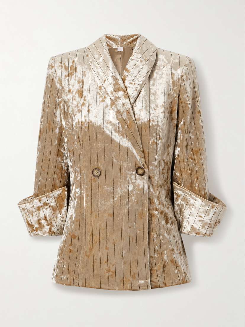 Loretta Caponi Quarzo Double-breasted Pinstriped Crushed-velvet Blazer