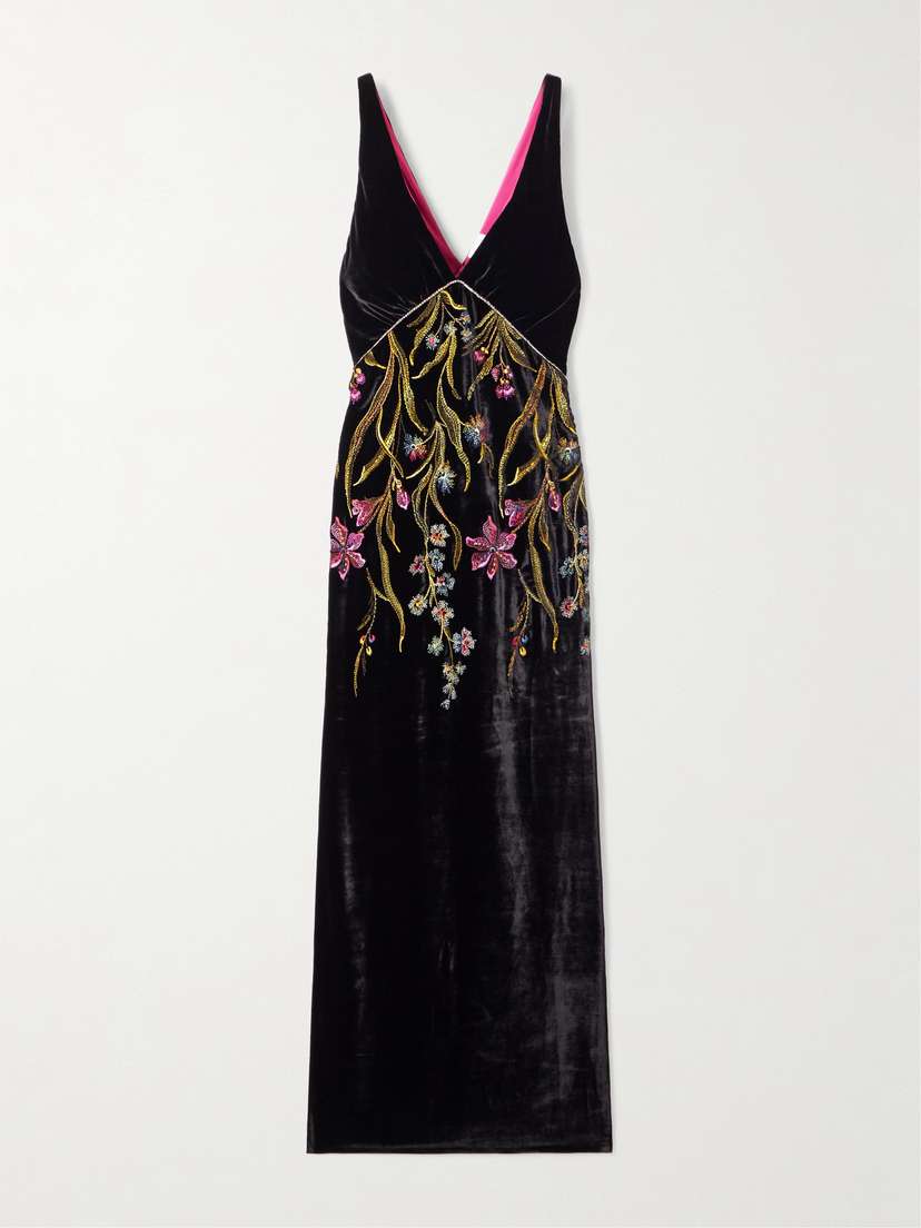 Loretta Caponi Zaffiro Embroidered Crystal-embellished Velvet Midi Dress