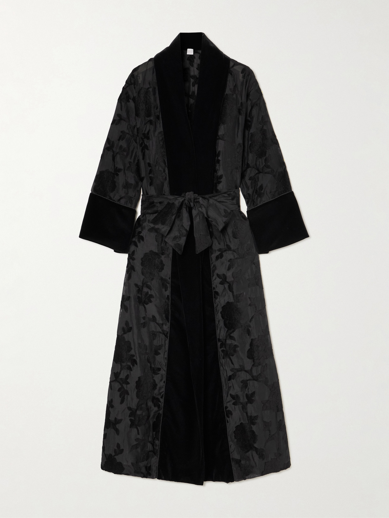 Loretta Caponi Porzia Velvet-trimmed Fil Coupé Satin Robe In Black