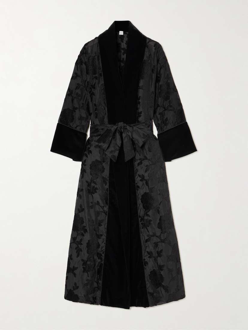 Loretta Caponi Porzia Velvet-trimmed Fil Coupé Satin Robe