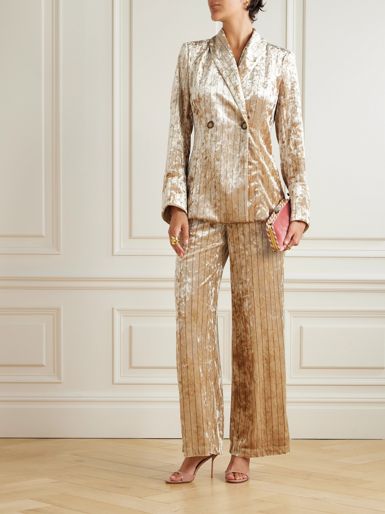 Loretta Caponi Cipro Pinstriped Crushed-velvet Wide-leg Pants In Brown