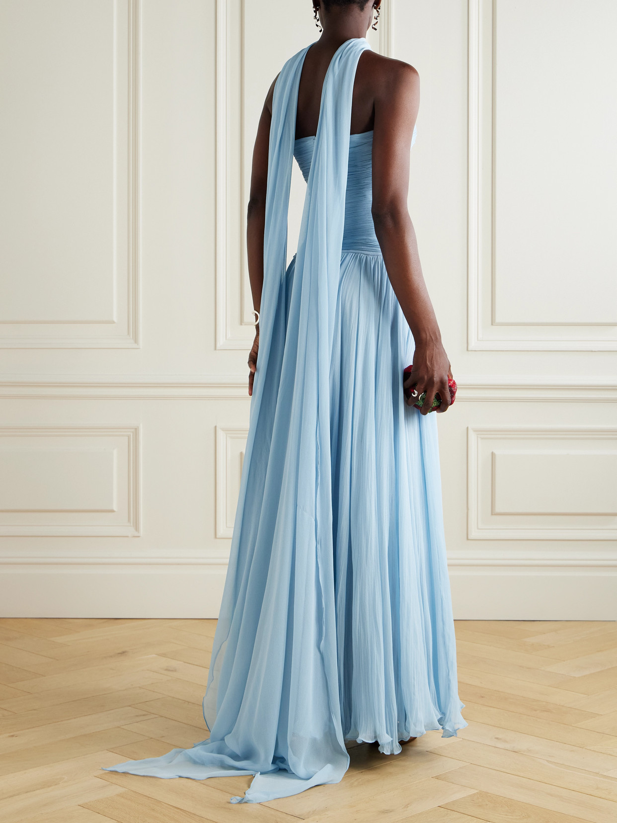 Marmar Halim Strapless Scarf-detailed Plissé Silk-georgette Gown In Blue