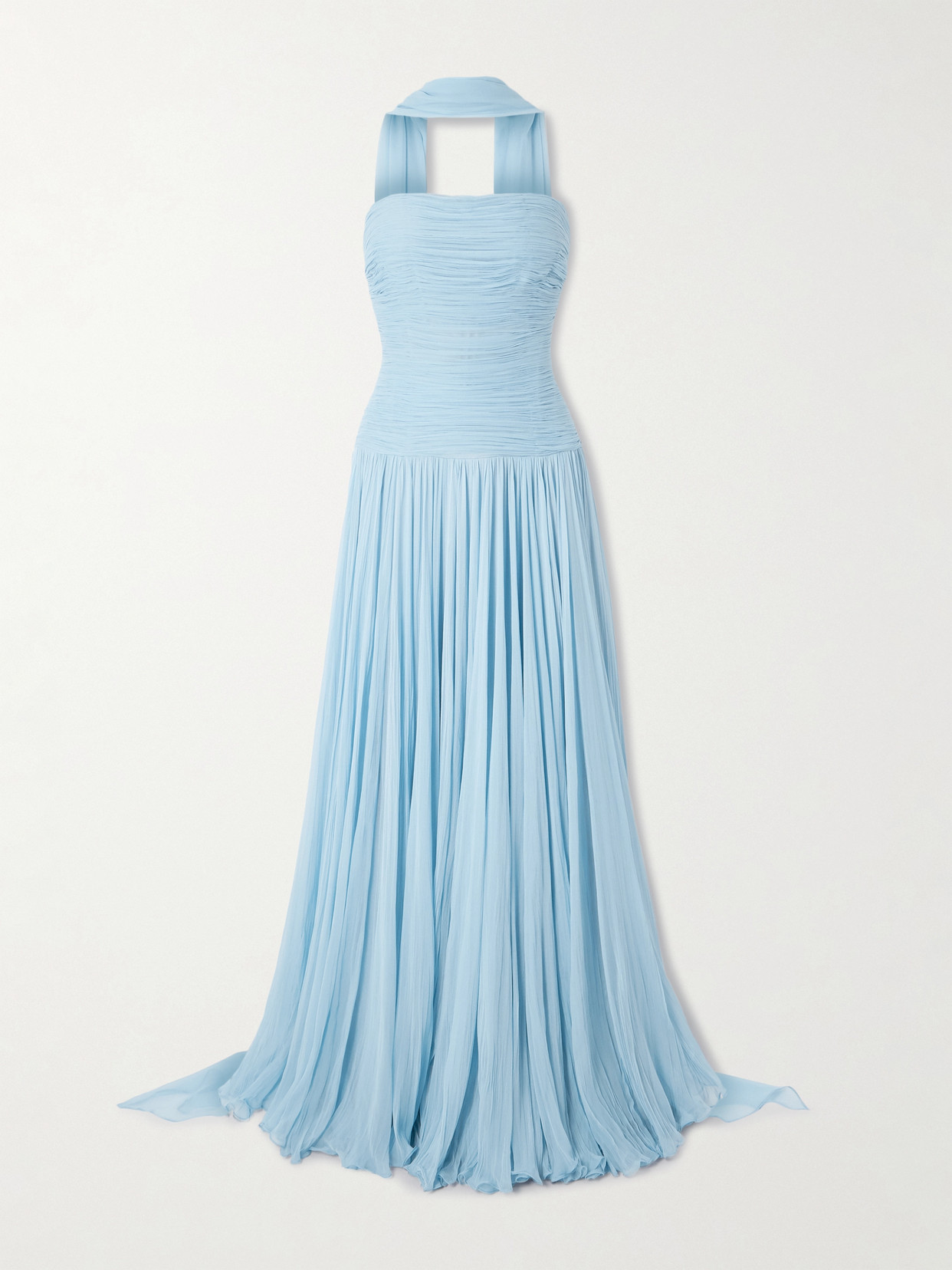 Marmar Halim Strapless Scarf-detailed Plissé Silk-georgette Gown In Blue