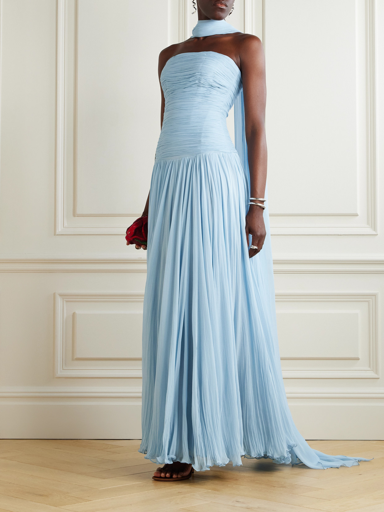 Marmar Halim Strapless Scarf-detailed Plissé Silk-georgette Gown In Blue