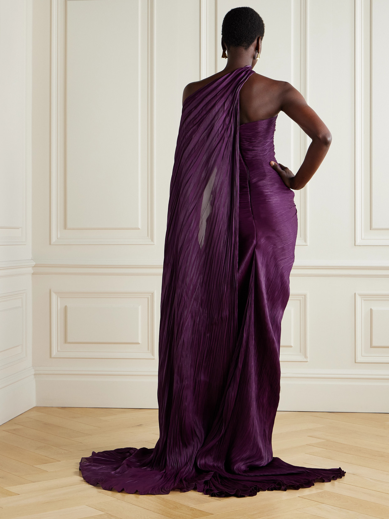 Marmar Halim Cape-effect Plissé Silk-satin Gown In Purple