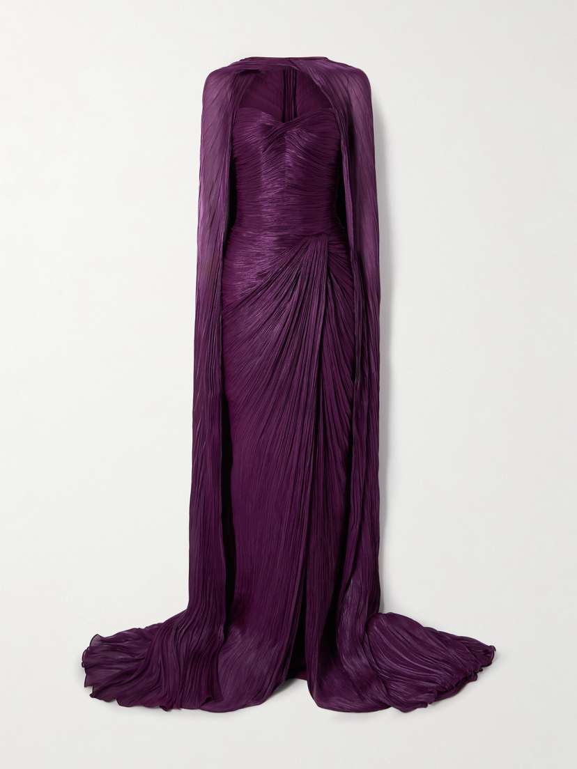 Marmar Halim Cape-effect Plissé Silk-satin Gown