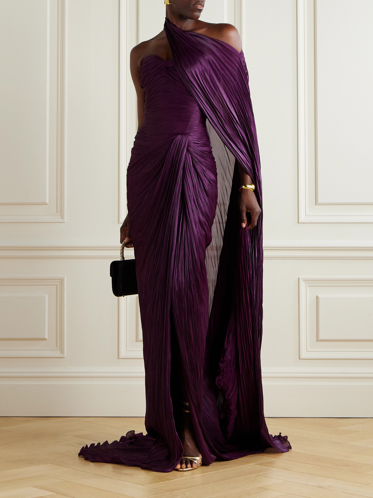 Marmar Halim Cape-effect Plissé Silk-satin Gown In Purple