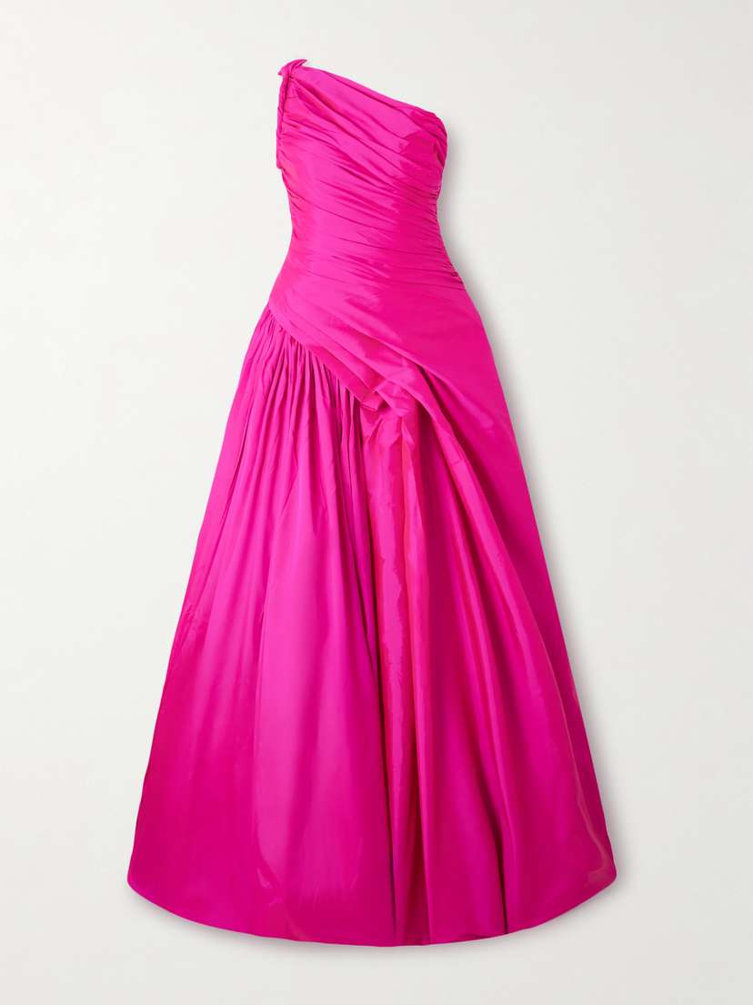 Marmar Halim One-shoulder Ruched Pleated Taffeta Gown