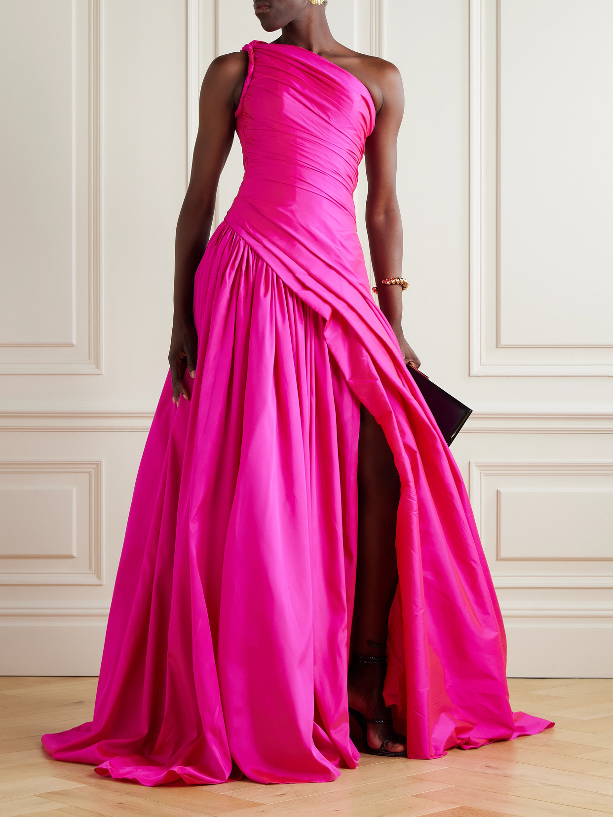 Marmar Halim One-shoulder Ruched Pleated Taffeta Gown In Pink