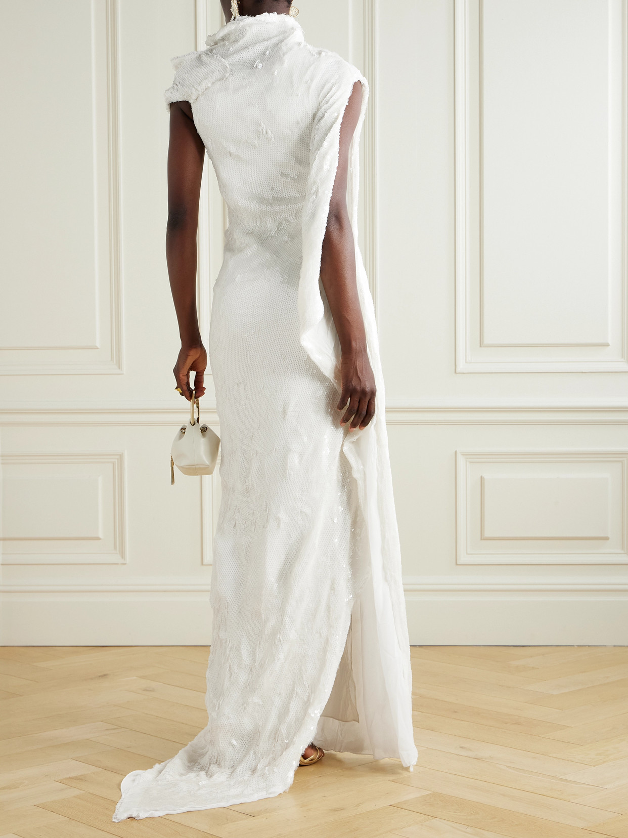 Marmar Halim One-shoulder Cape-effect Draped Sequined Silk-blend Gown In Multi