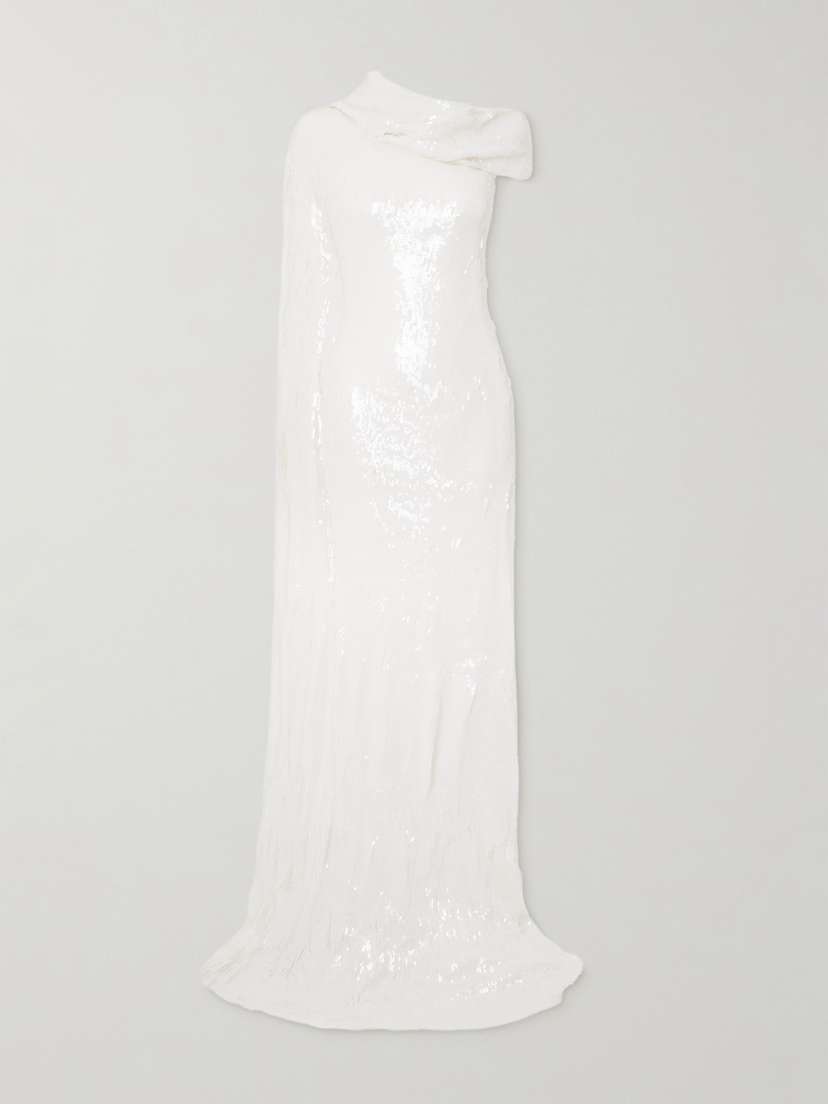 Marmar Halim One-shoulder Cape-effect Draped Sequined Silk-blend Gown - EU 42