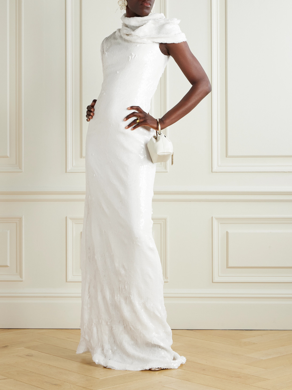Marmar Halim One-shoulder Cape-effect Draped Sequined Silk-blend Gown In Multi