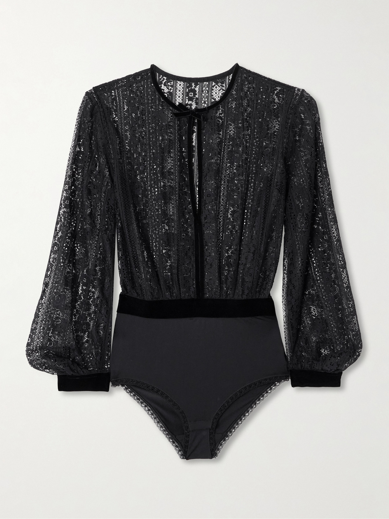 Eres Voltige Velvet-trimmed Leavers Lace And Jersey Bodysuit In Black