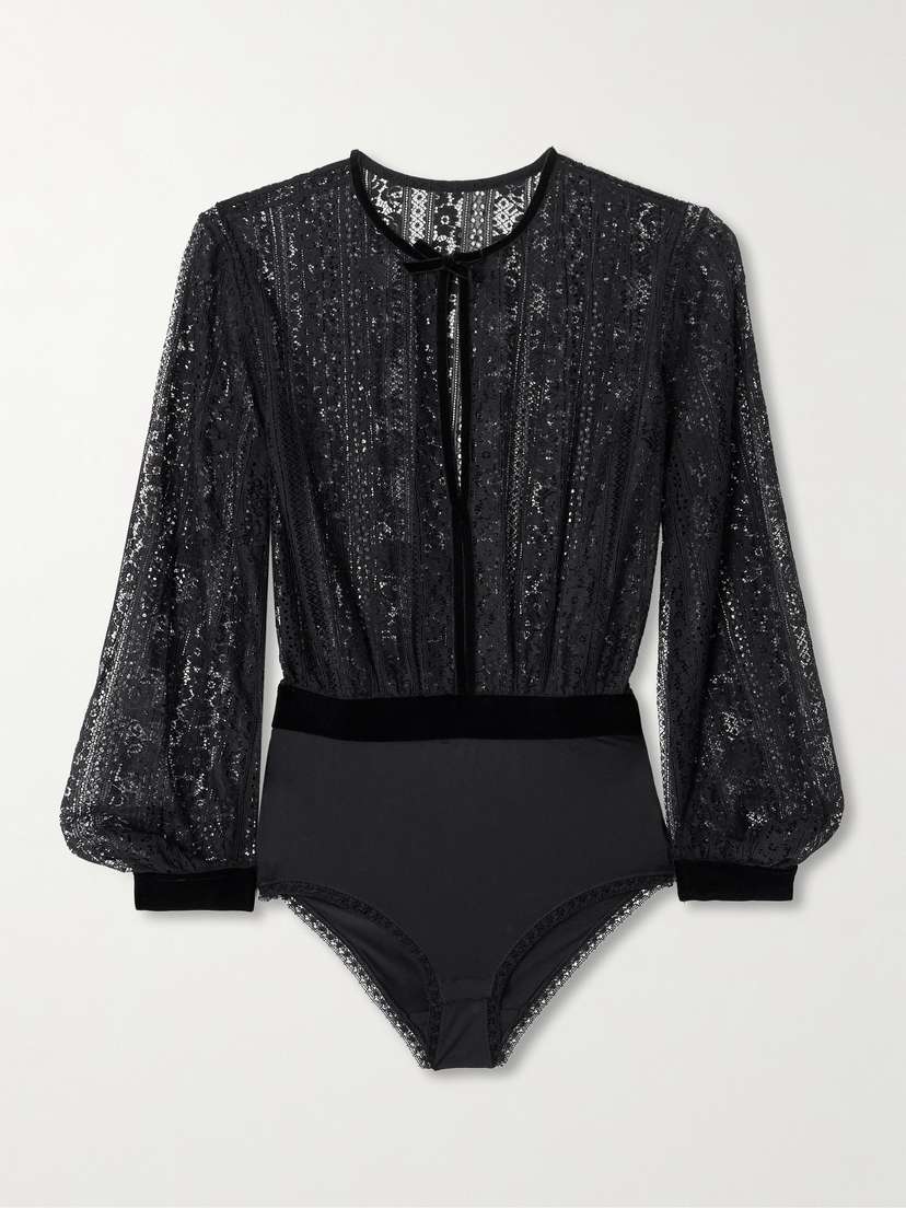 Eres Voltige Velvet-trimmed Leavers Lace And Jersey Bodysuit