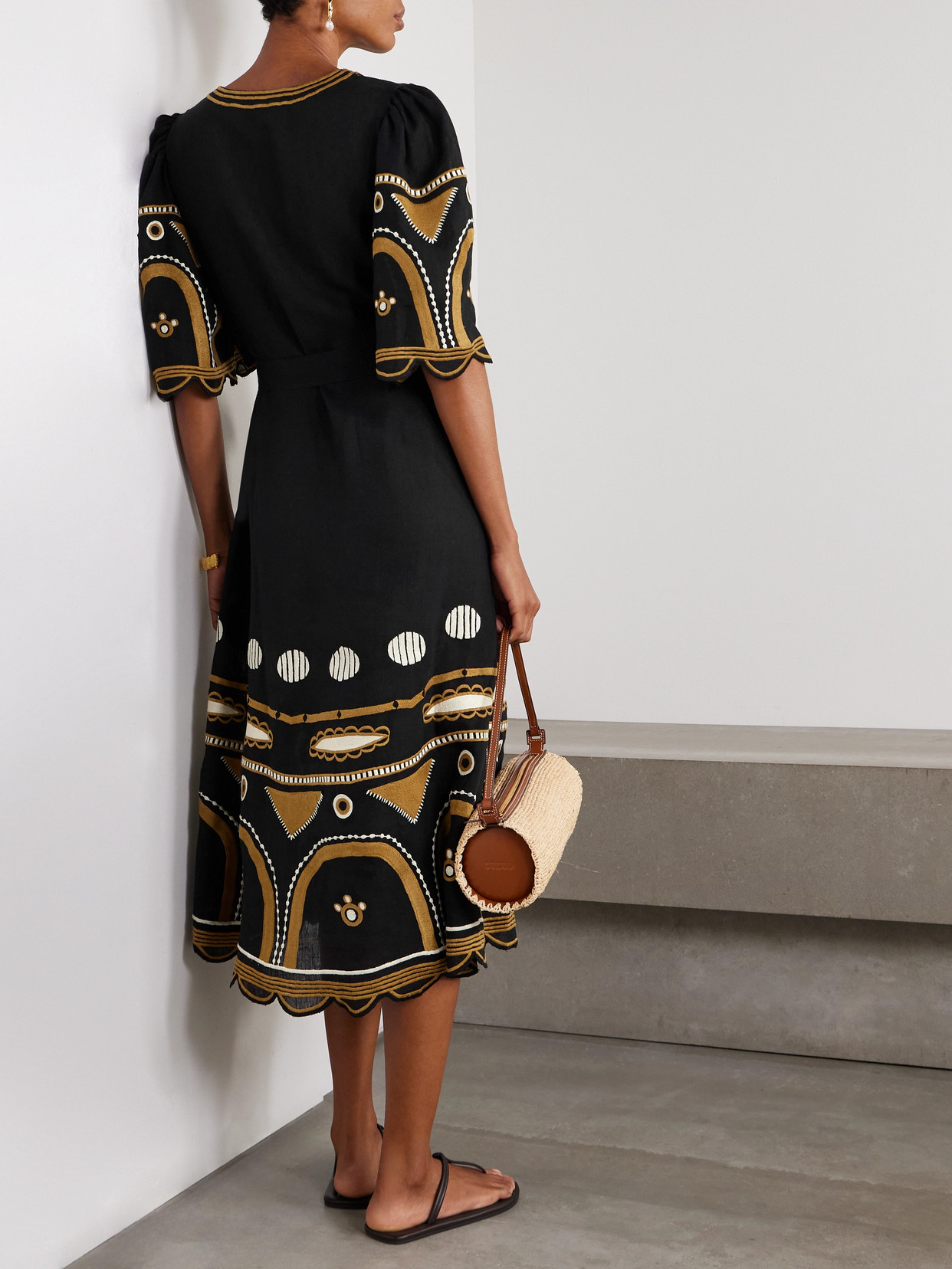 Eres Ornament Belted Embroidered Linen Midi Dress In Black