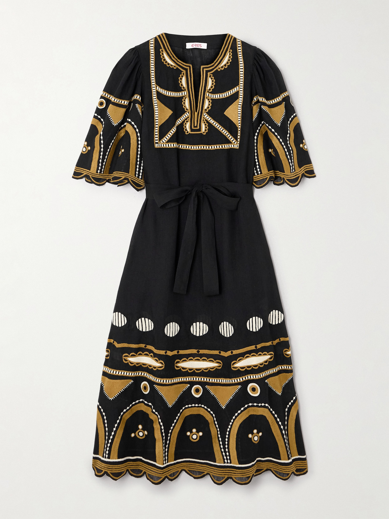 Eres Ornament Belted Embroidered Linen Midi Dress In Black