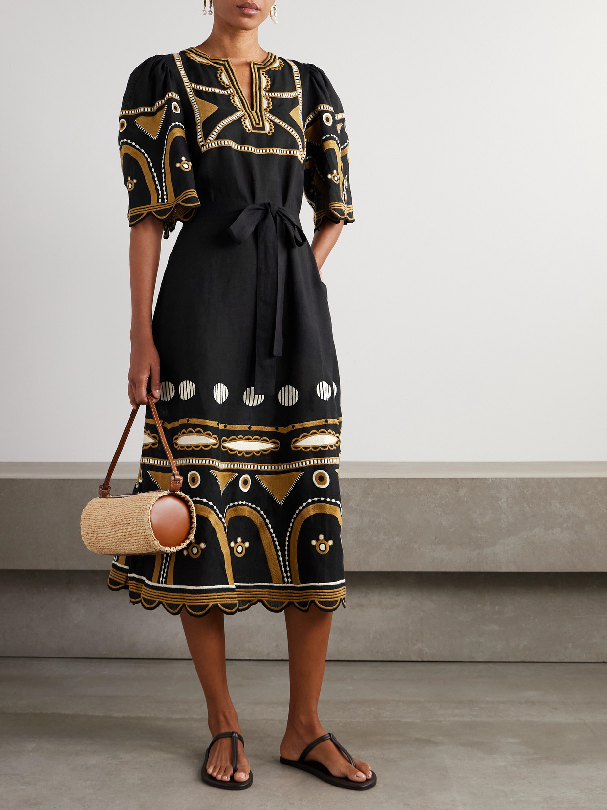 Eres Ornament Belted Embroidered Linen Midi Dress In Black