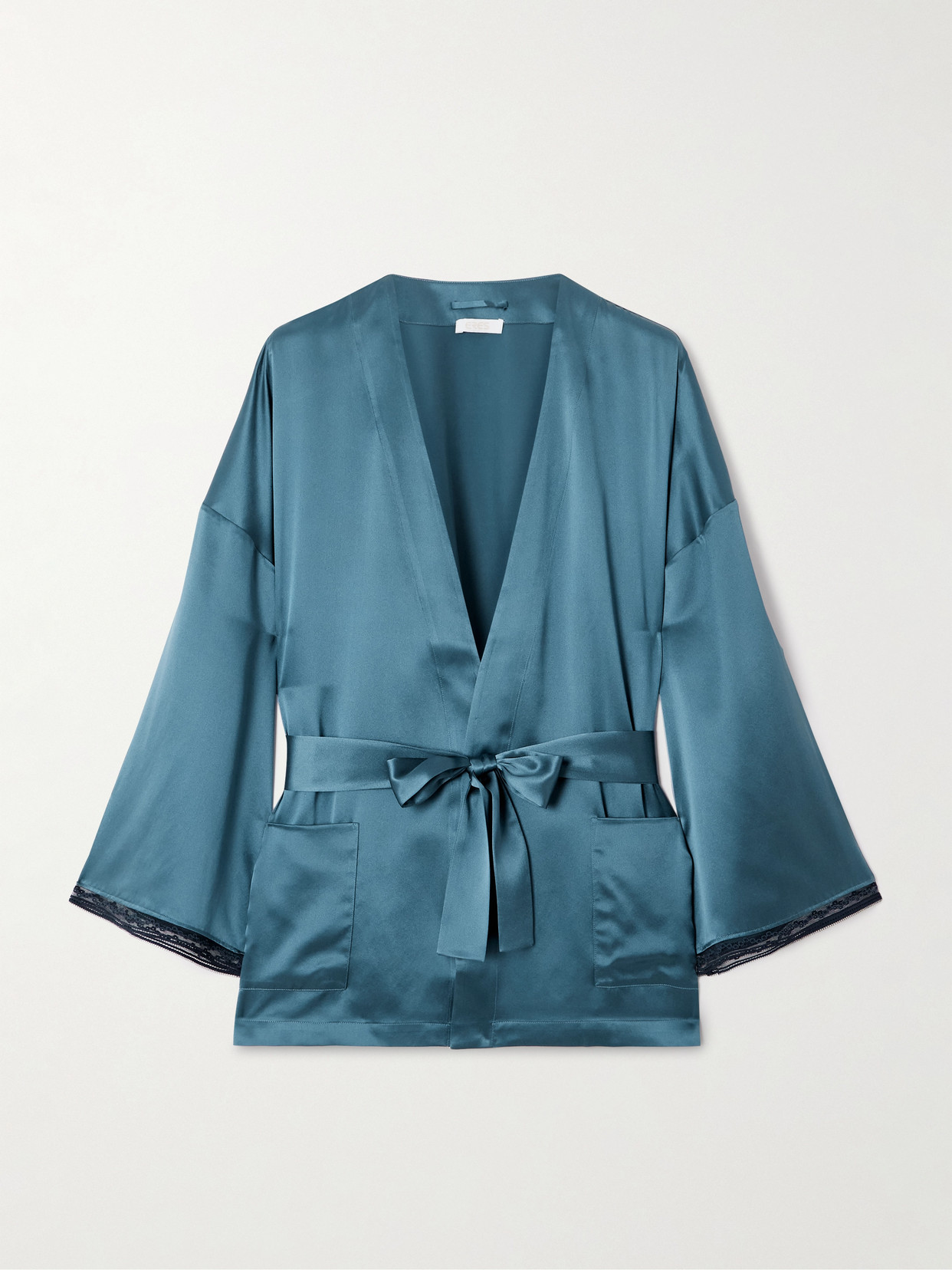 Eres Ondine Belted Lace-trimmed Silk-satin Robe In Blue