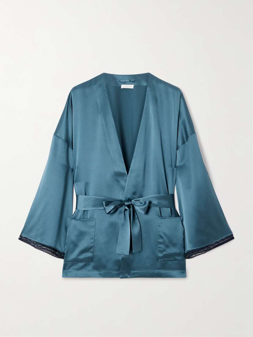 Eres Ondine Belted Lace-trimmed Silk-satin Robe