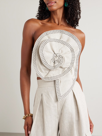 Andres Otalora Cropped appliquéd topstitched linen bustier top