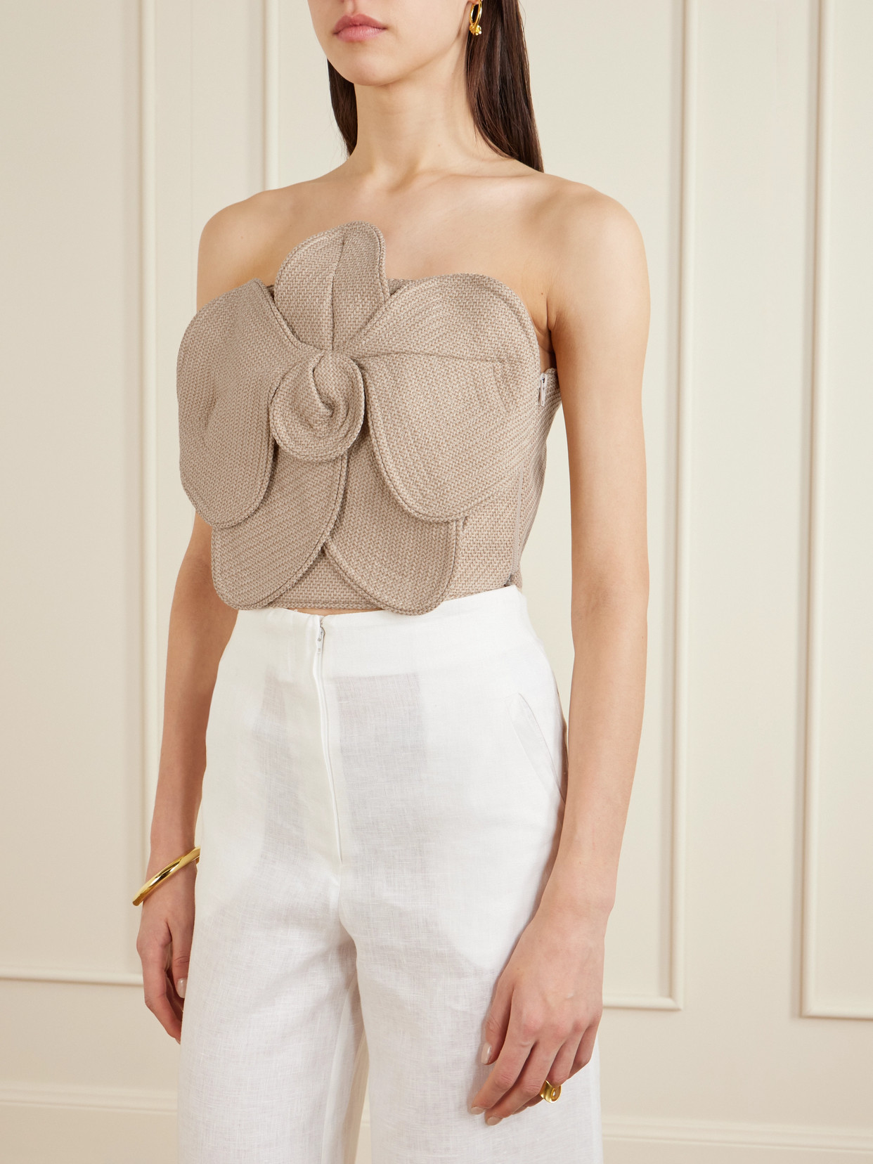 Florencia Appliquéd Strapless Cropped Woven Top