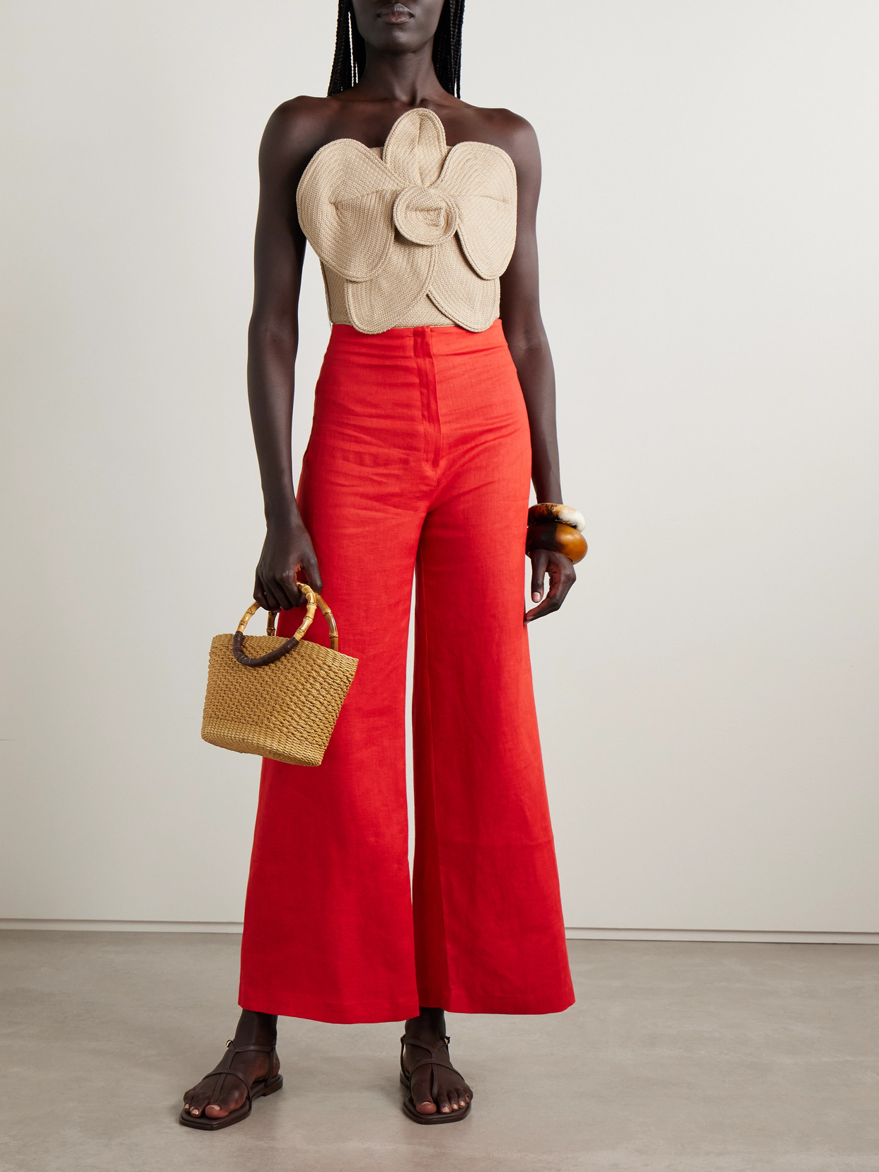 Andres Otalora Florencia Appliquéd Strapless Cropped Woven Top In Brown