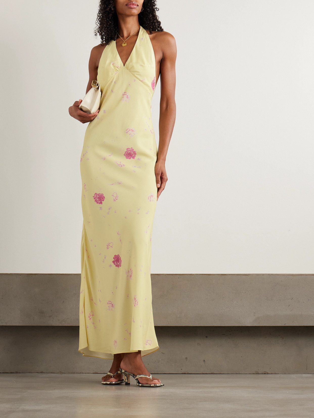 Faithfull Soame Floral-print Crepe Halterneck Maxi Dress In Yellow