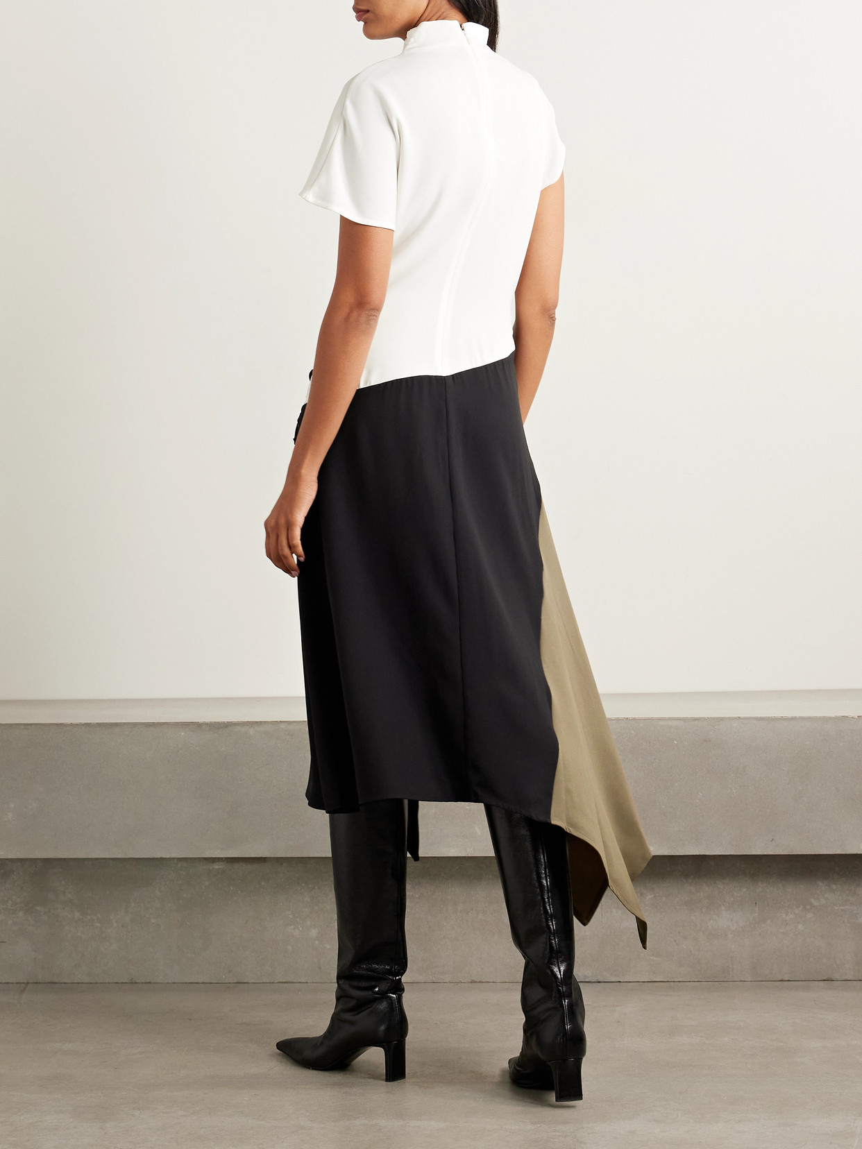Staud Davina Asymmetric Paneled Color-block Draped Crepe Dress In Multi