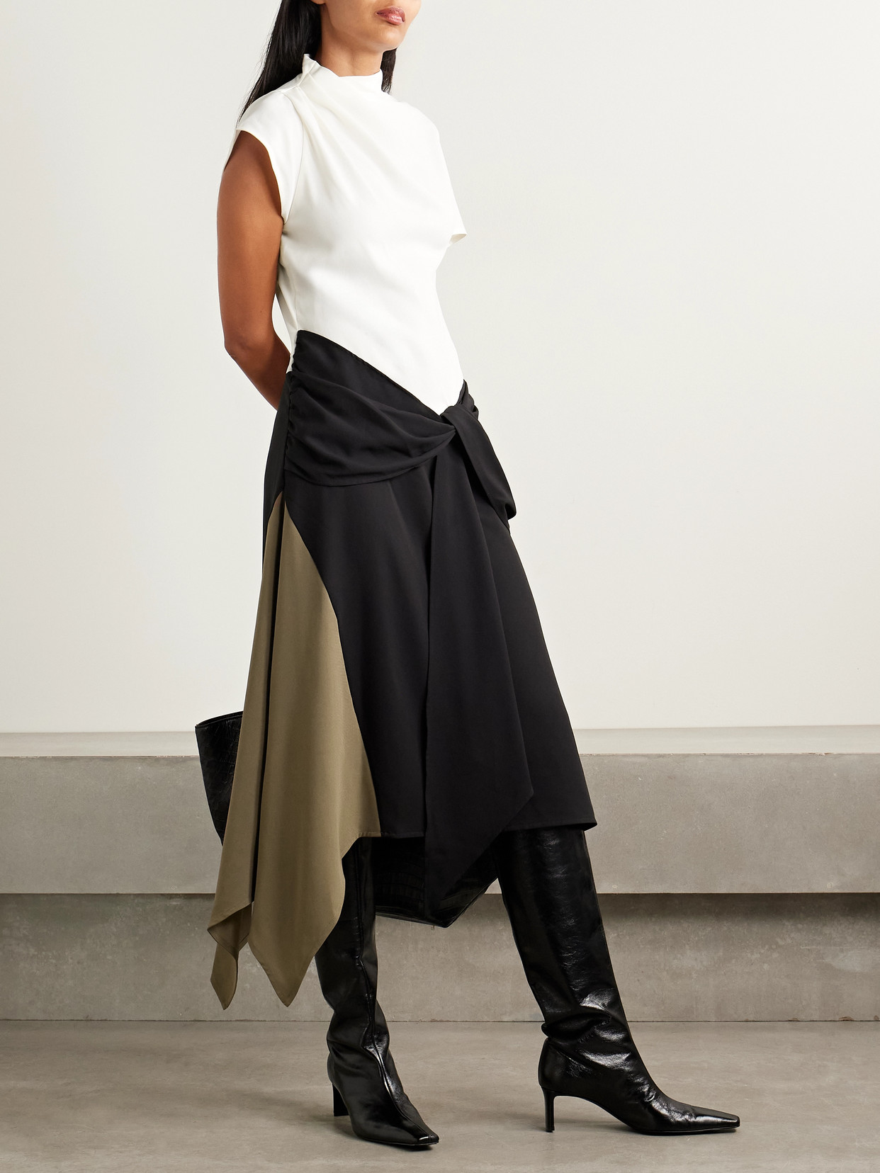 Staud Davina Asymmetric Paneled Color-block Draped Crepe Dress In Multi