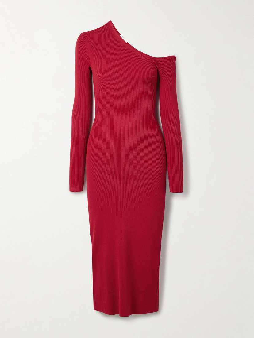 Staud Lois Off-the-shoulder Ribbed-knit Midi Dress