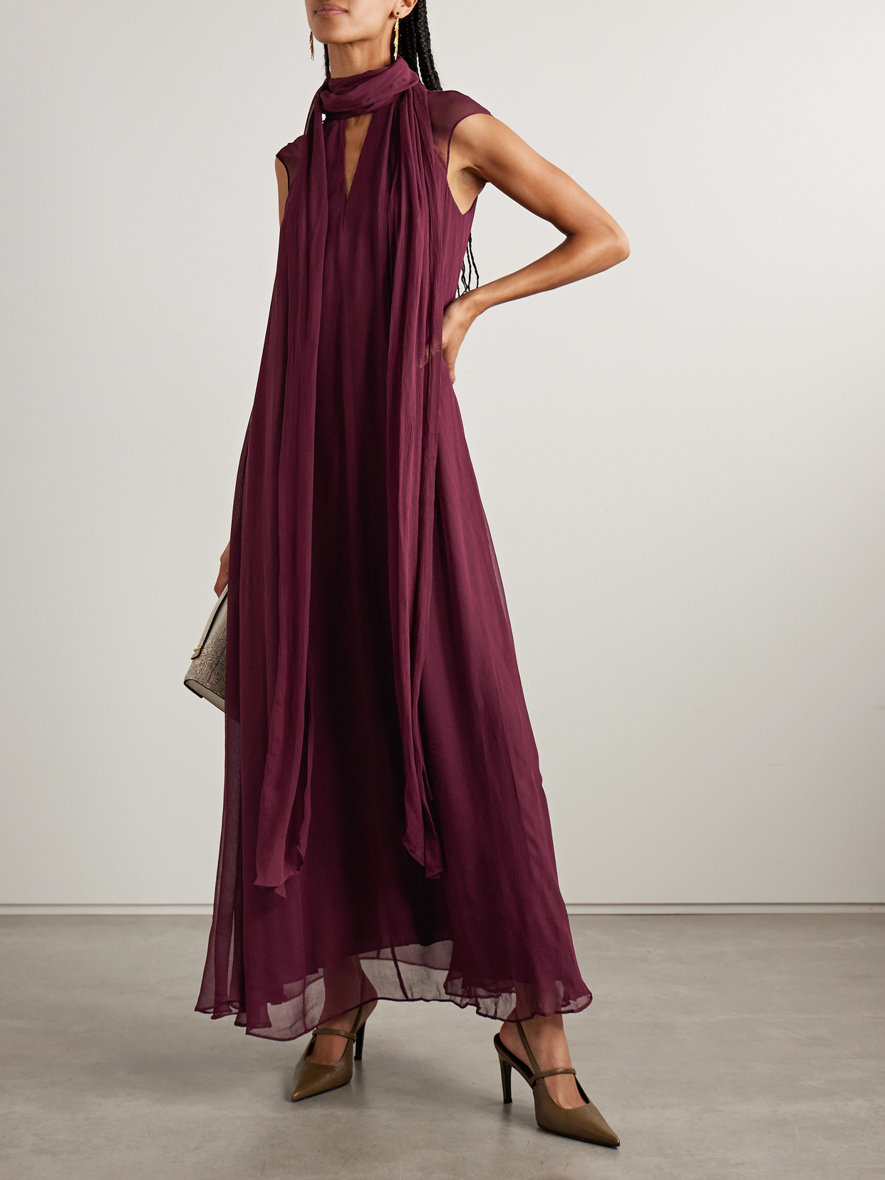 Staud Camilla Scarf-detailed Crepon Maxi Dress In Purple
