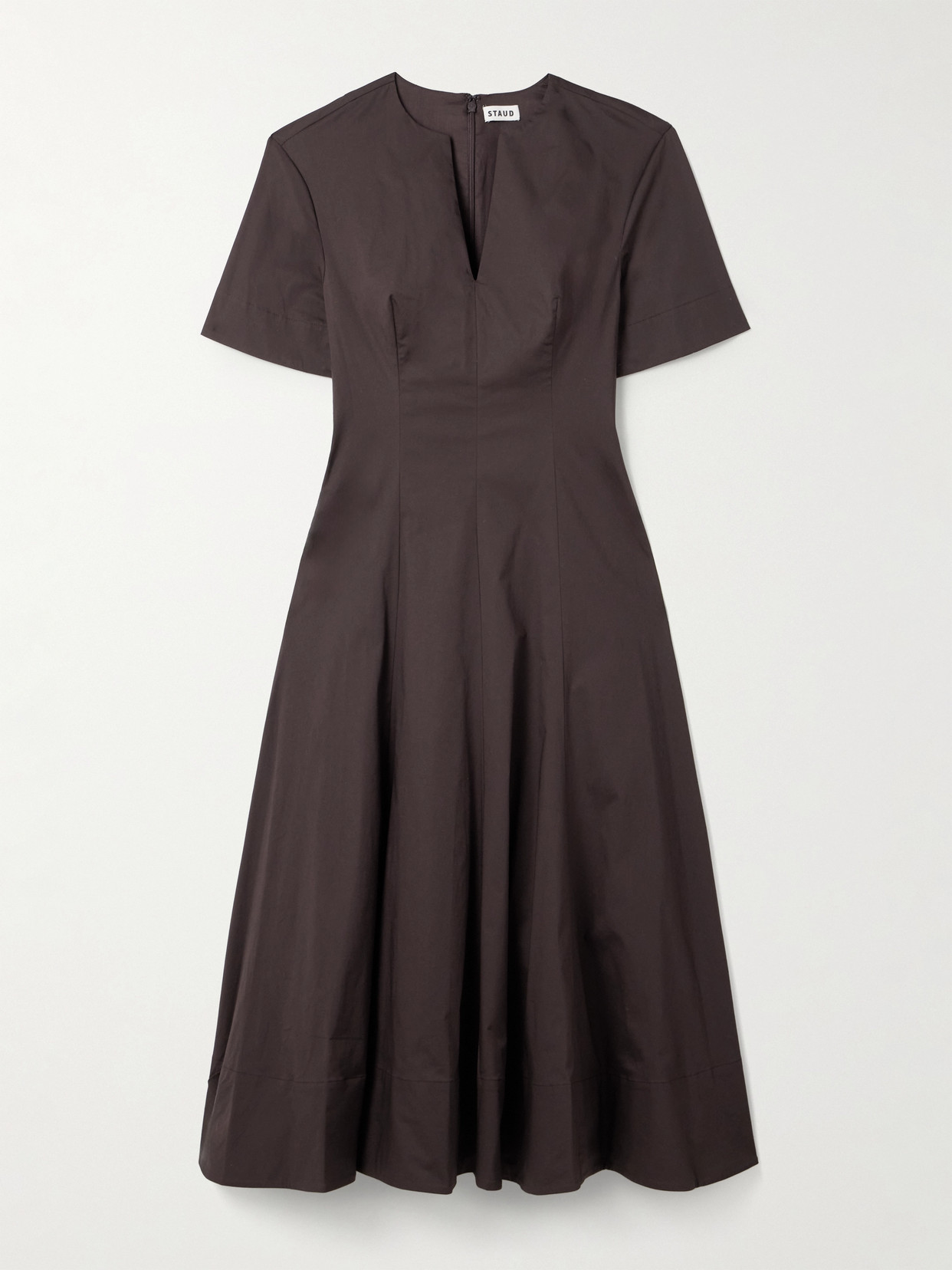 Staud Frances Cotton-blend Poplin Midi Dress In Brown