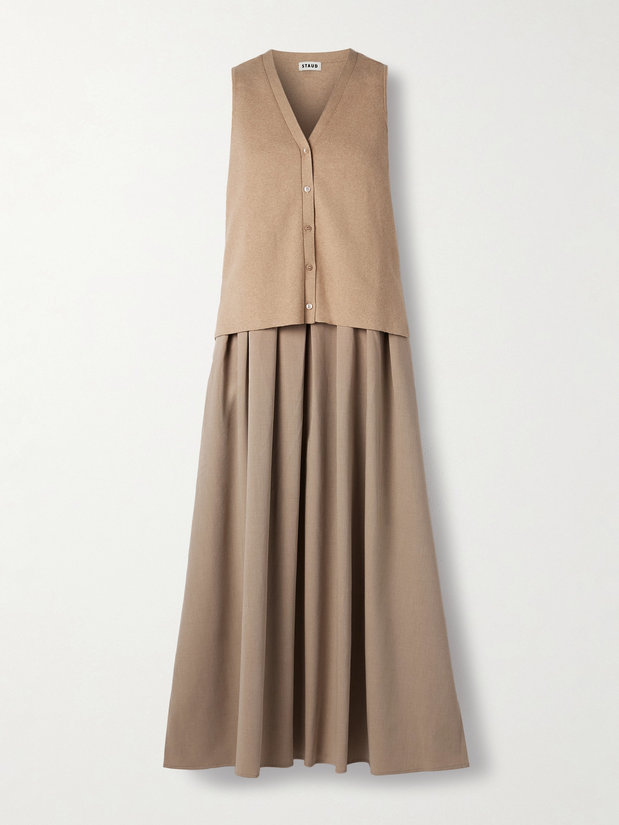 Staud Madeline Layered Cotton And Cashmere-blend And Pleated Crepe Midi Dress In Brown