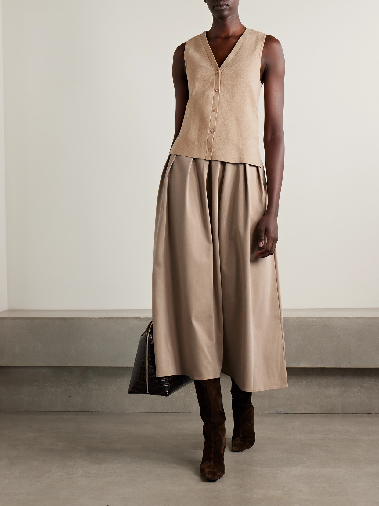 Staud Madeline Layered Cotton And Cashmere-blend And Pleated Crepe Midi Dress In Brown