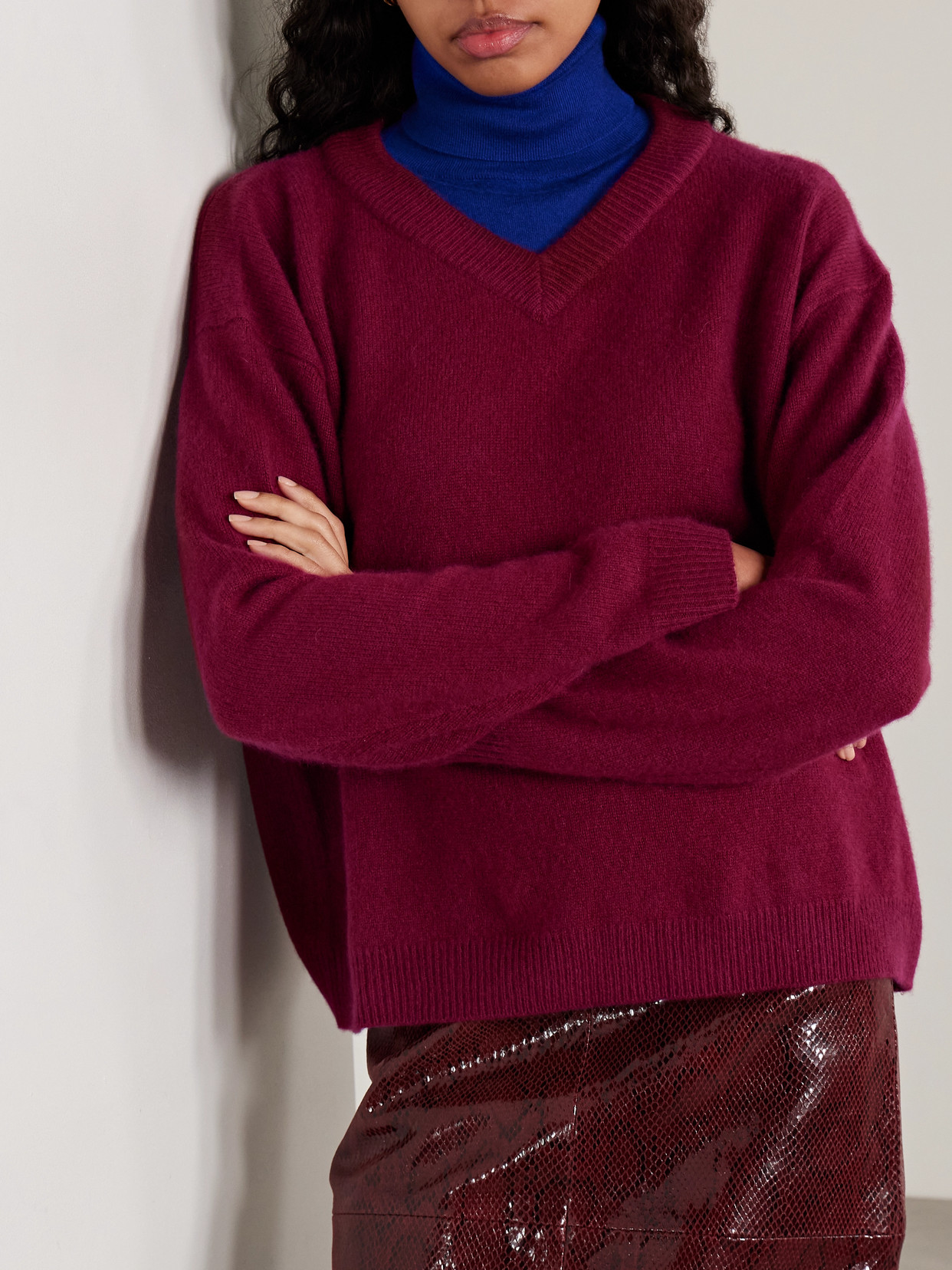 Staud Doris Layered Two-tone Cashmere Turtleneck Sweater In Pink