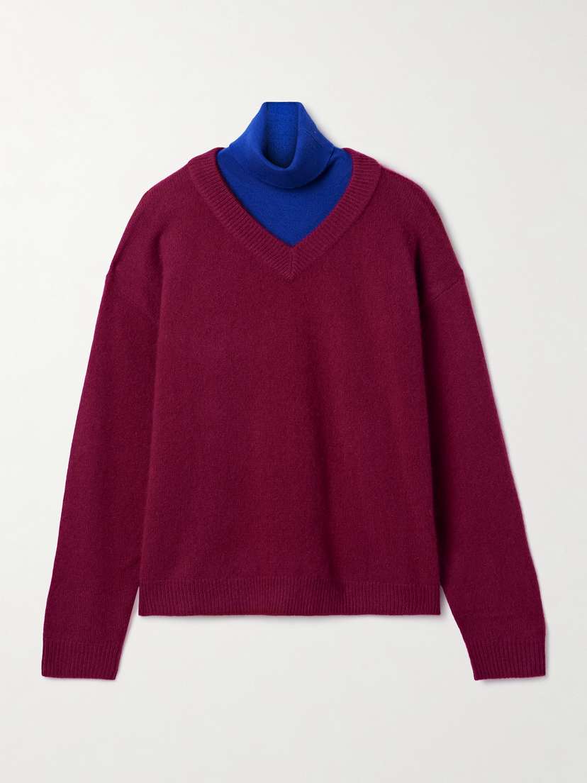 Staud Doris Layered Two-tone Cashmere Turtleneck Sweater