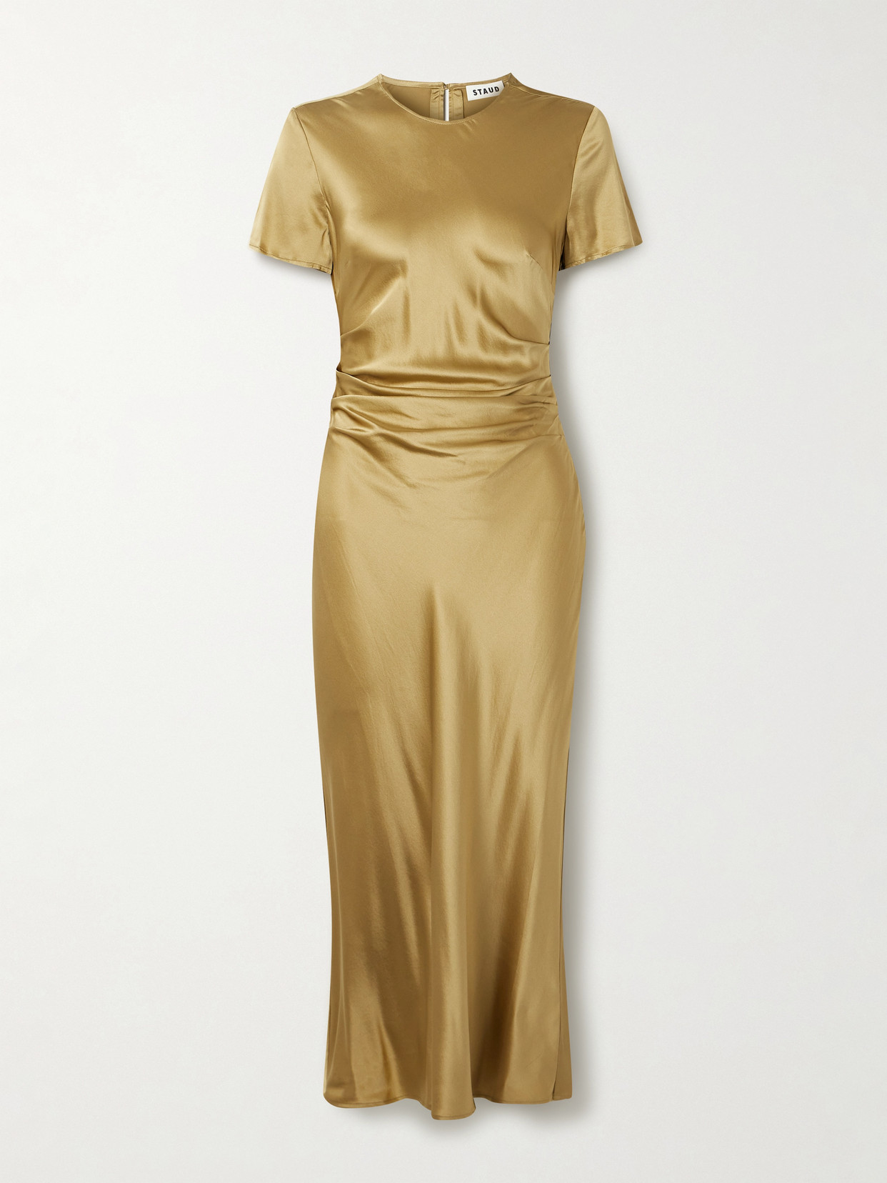 Staud Marcel Ruched Stretch-silk Charmeuse Midi Dress In Gold