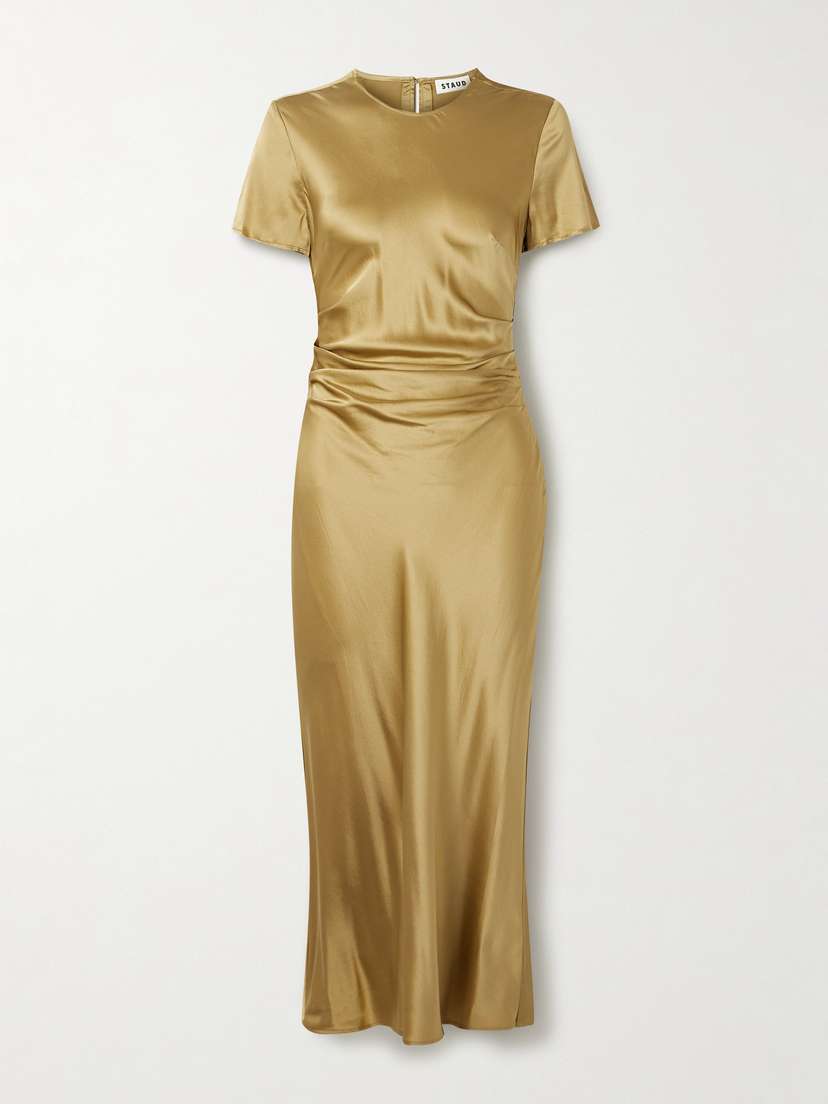 Staud Marcel Ruched Stretch-silk Charmeuse Midi Dress