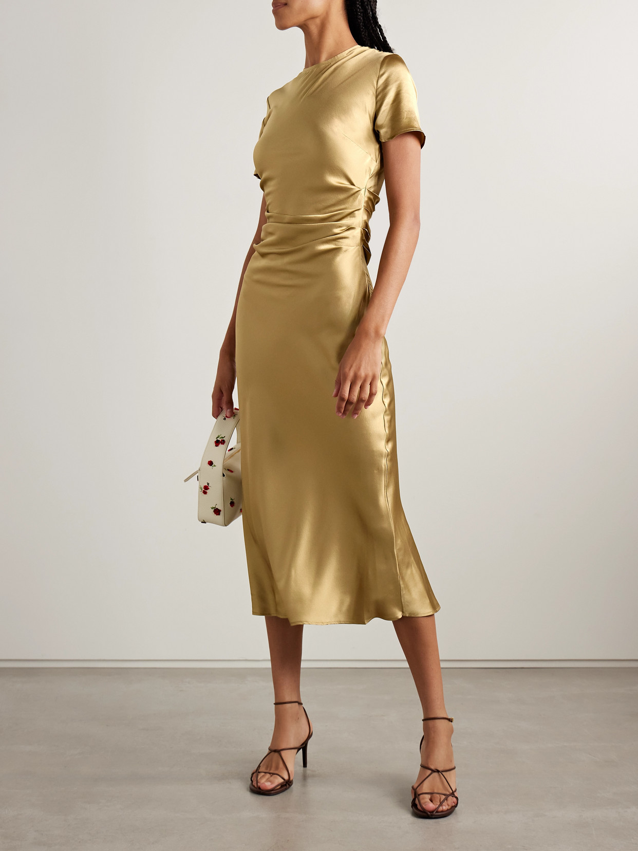 Staud Marcel Ruched Stretch-silk Charmeuse Midi Dress In Gold