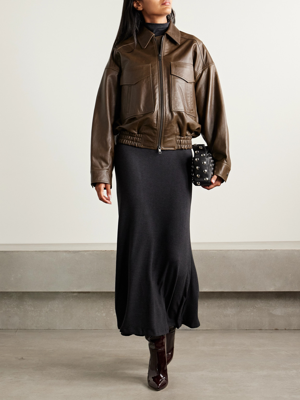 Staud Eugene Leather Bomber Jacket In Brown