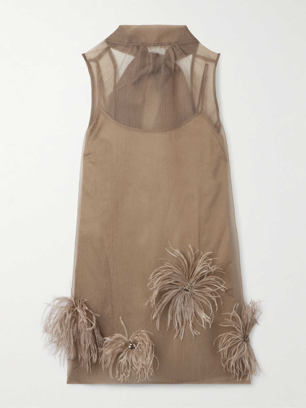 Staud Albee Embellished Feather-trimmed Crepon Turtleneck Mini Dress In Brown