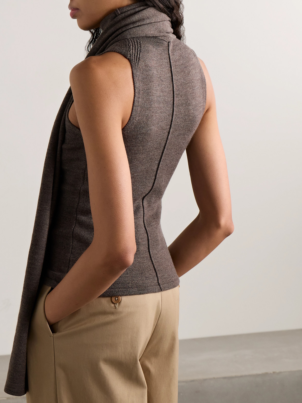 Staud Canal Scarf-detailed Wool Turtleneck Top In Brown