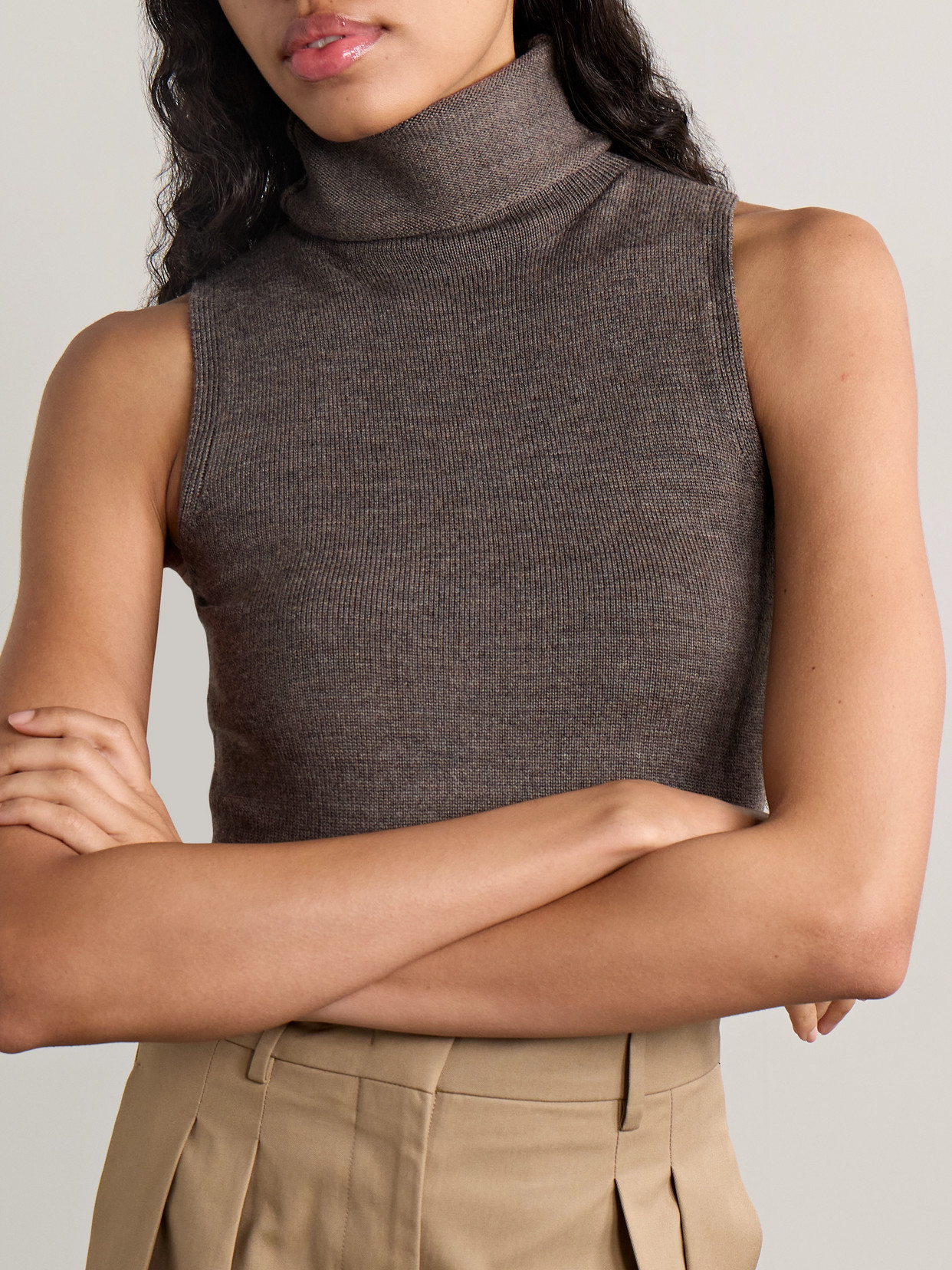 Staud Canal Scarf-detailed Wool Turtleneck Top In Brown