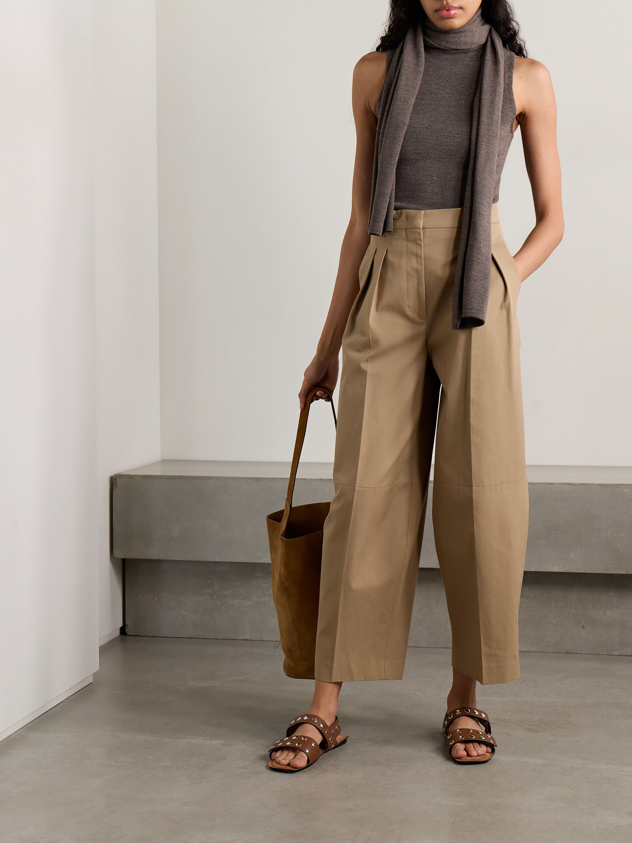 Staud Canal Scarf-detailed Wool Turtleneck Top In Brown