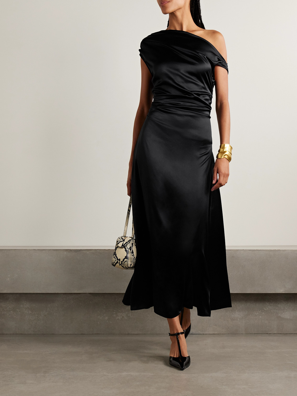 Staud Phare Draped Silk-blend Midi Dress In Animal Print