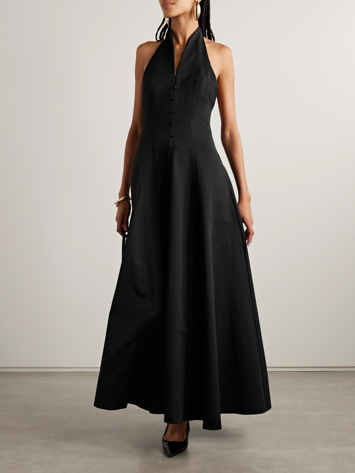 Staud Stella Cotton-blend Faille Halterneck Maxi Dress In Black