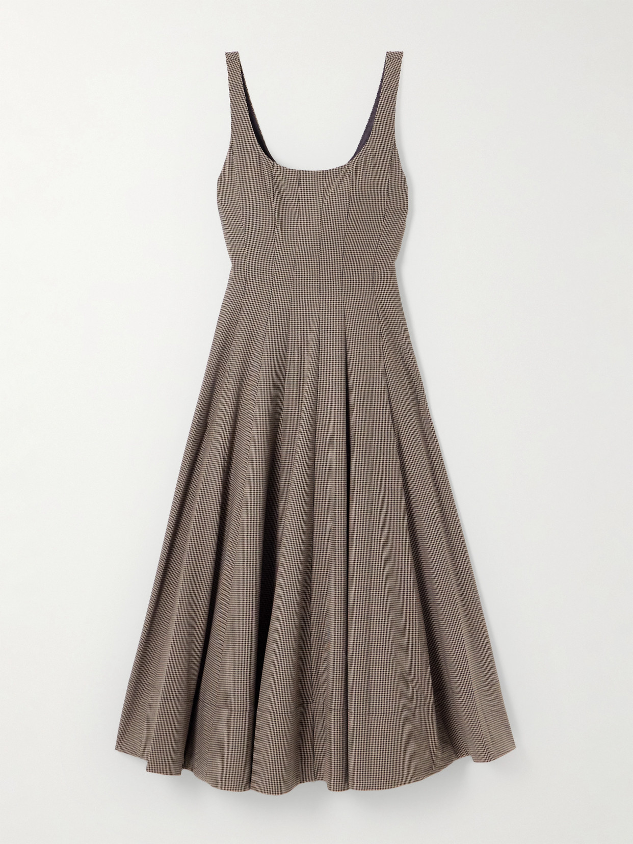 Staud Wells Pleated Houndstooth Poplin Midi Dress In Brown