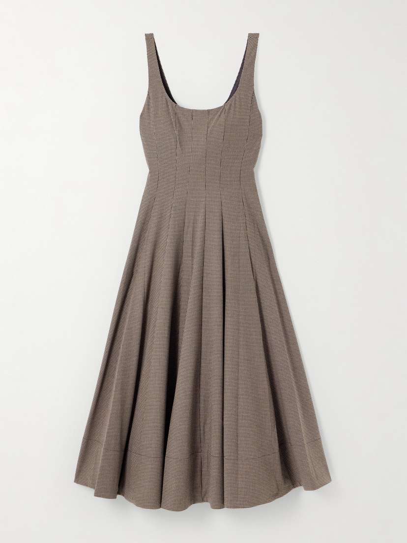 Staud Wells Pleated Houndstooth Poplin Midi Dress