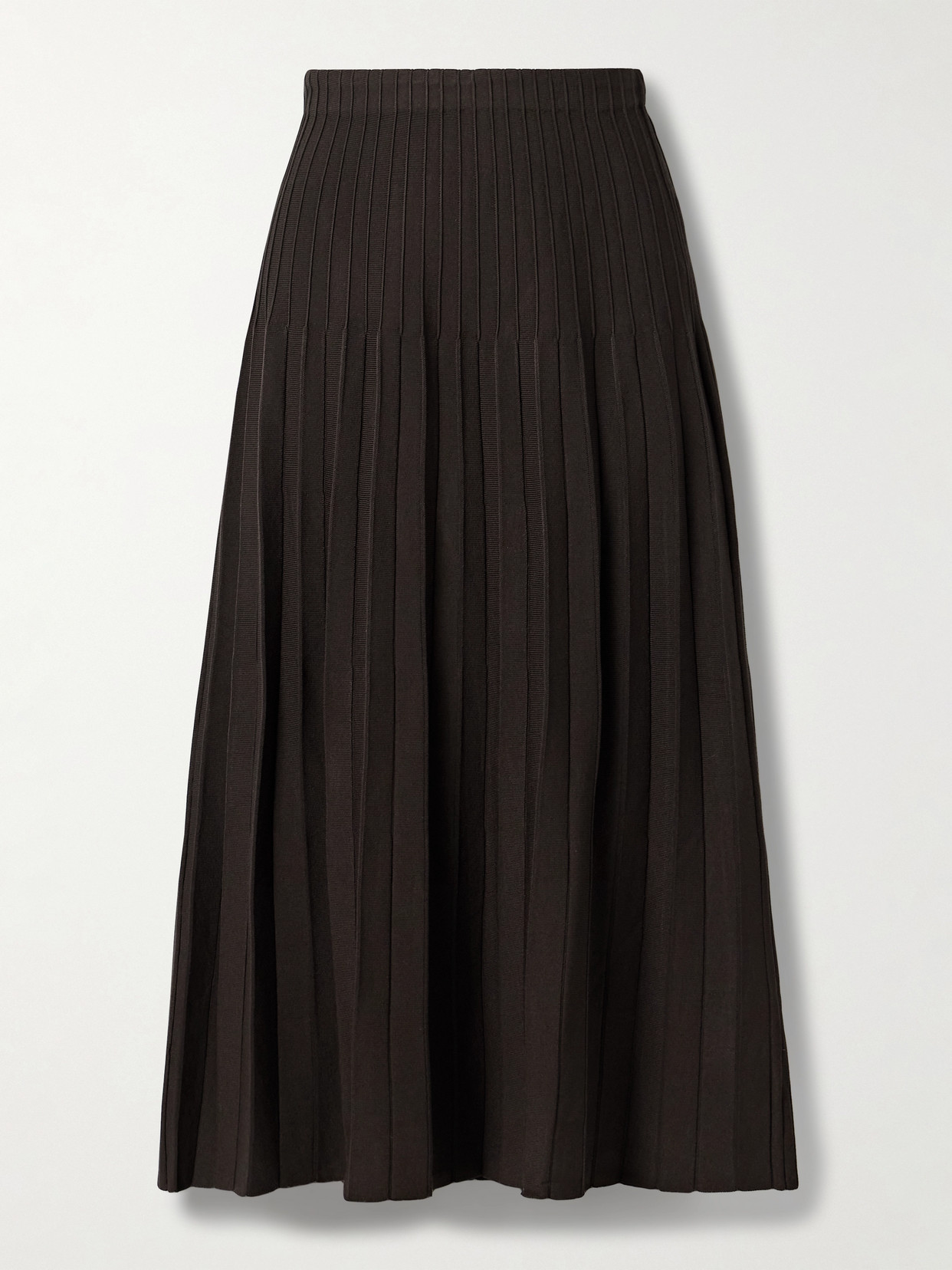 Staud Lena Pleated Ribbed-knit Midi Skirt In Brown